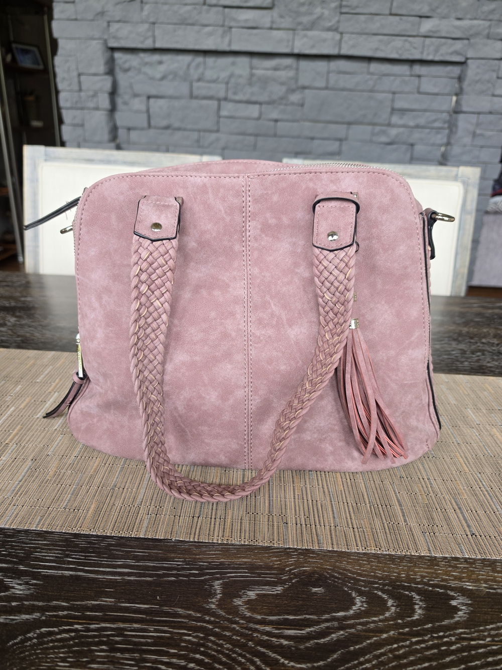 Suede-Style Braided Handle Tote Bag in Dusty Pink
